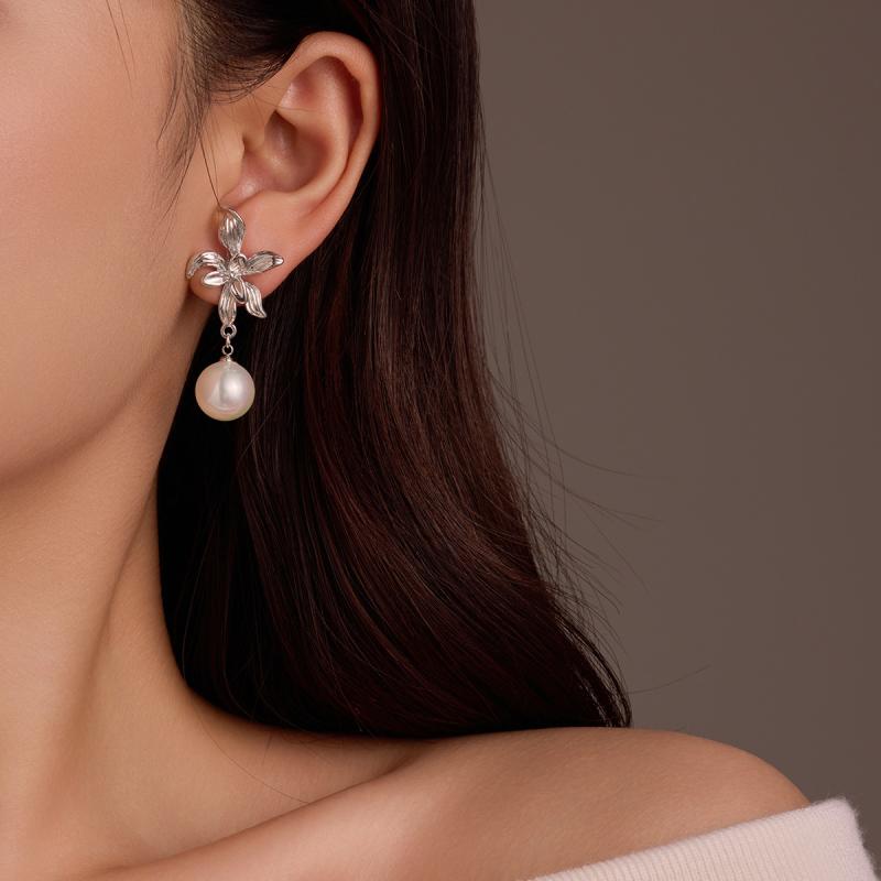 ピアス イヤリング レディース フレンチ レトロ 花 フラワー パール パール K18メッキ ゴールドコーテ..