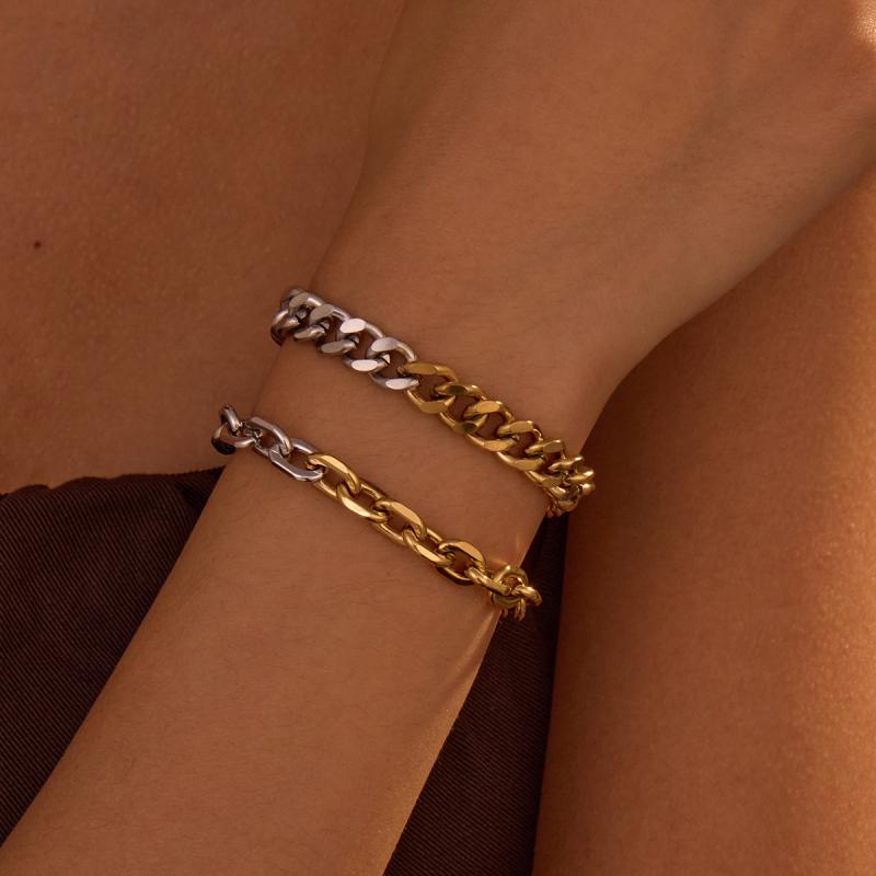 ブレスレット レディース 欧米風 クール 上品 ミニマル ステンレス スチール 太め チャンキー キューバンチェーン ツートンカラー バイカラー 電気メッキ加工 幾何学デザイン ファッション 通勤 オフィス カジュアル 個性的 トレンド