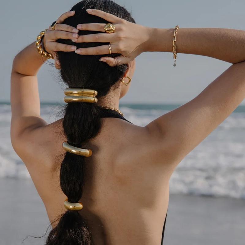 ヘアゴム サージカルステンレス 18Kゴールドメッキ 光沢 ラウンド 透かし彫り インスタ風 欧米トレンド 万能 おしゃれ 髪飾り 普段使い オフィス 春夏