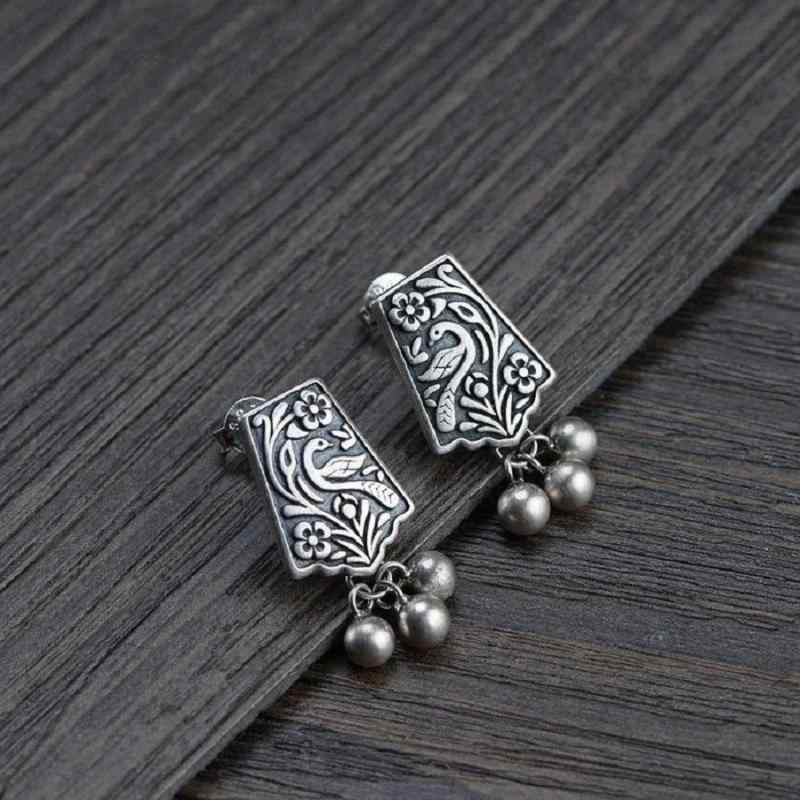 耳飾 ユニセックス フェニックス 花モチーフ 丸玉 タッセル 中国風 宮廷風 レトロ 上品 エレガント 幾何学 フープデザイン 合金製 電気メッキ加工 シルバー かわいい