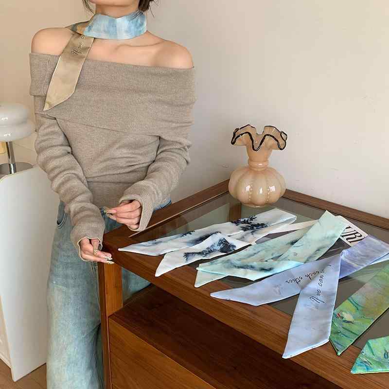 スカーフ レディース 春夏 細め ヘアバンド リボンタイ バッグスカーフ 幾何学柄 レトロ おしゃれ 首飾り 髪飾り