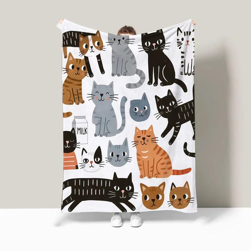 毛布 ブランケット ひざ掛け 猫柄 ネコ柄 かわいい フランネル 片面起毛 薄手 軽量 ポリエステル オフ..