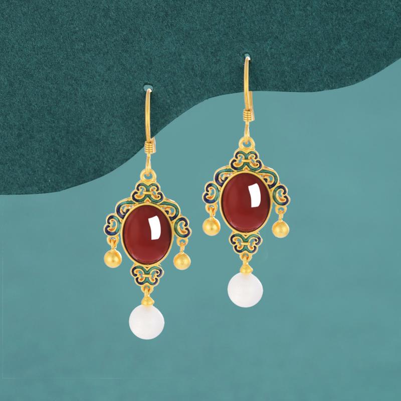 ピアス レディース S925純銀 スターリングシルバー 故宮風 宮廷風 花 フラワー 祥雲 南紅メノウ 和田白玉 ホワイトジェイド 七宝焼 エナメル ゴールド サンドブラスト加工 復古 レトロ 民族風 エスニック