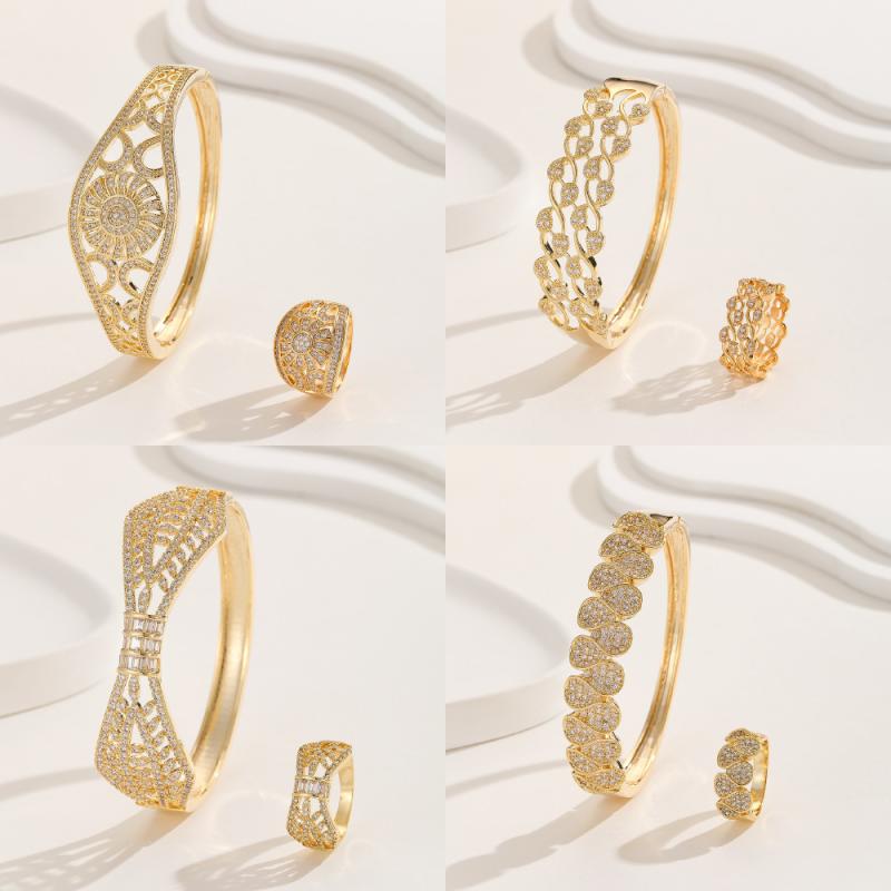 ブレスレット 指輪 セット レディース 女性用 韓国風 中東風 マイクロパヴェ 透かし彫り 花柄 植物モチーフ ジルコニア 銅製 電気メッキ加工 エレガント 上品 高級感 ゴールド シルバー 普段使い パーティー フォーマル