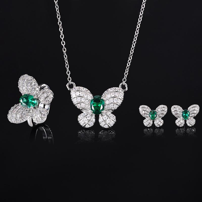 ジュエリーセット レディース ピアス ネックレス 指輪 蝶々 バタフライ エメラルドグリーン キュービックジルコニア 銅合金 上品 高級感 エレガント フェミニン かわいい お出かけ 普段使い