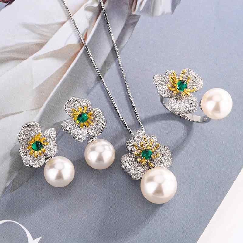 アクセサリーセット レディース 秋冬 イミテーションパール 白パール ネックレス ピアス 指輪 3点セット S925シルバー フラワーモチーフ 高級感 エレガント 上品
