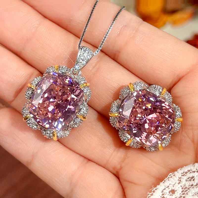 セット レディース 女性用 銅製 ジルコニア アクセサリー ネックレス 指輪 蓮の花モチーフ ピンク スクエアカット ボックスチェーン 高級感 普段使い パーティー スウィート