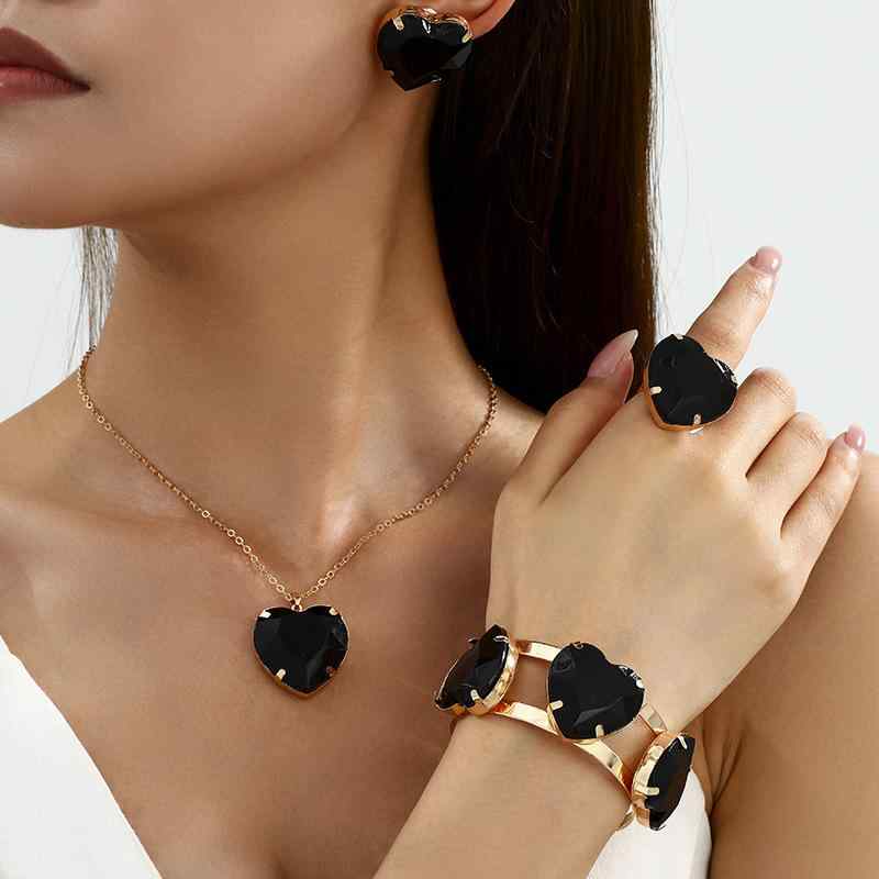 アクセサリーセット レディース 個性的 ダークスタイル ハート型 大粒宝石 ネックレス ピアス 指輪 ブレスレット 欧米トレンド 高級感 合金製 電気メッキ加工