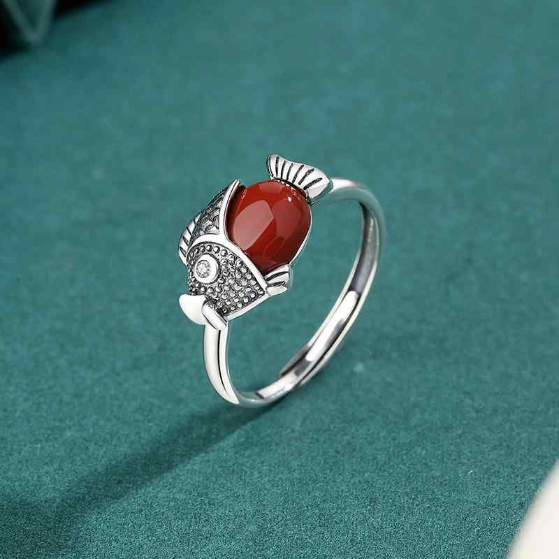 指輪 レディース 女性用 リング S925シルバー 925純銀 銀 南紅瑪瑙 和田玉 タイシルバー マット つや消し レトロ アンティーク ヴィンテージ 鯉 錦鯉 昇龍 フリーサイズ サイズ調整可能 チャイナ風 普段使い カジュアル(4)