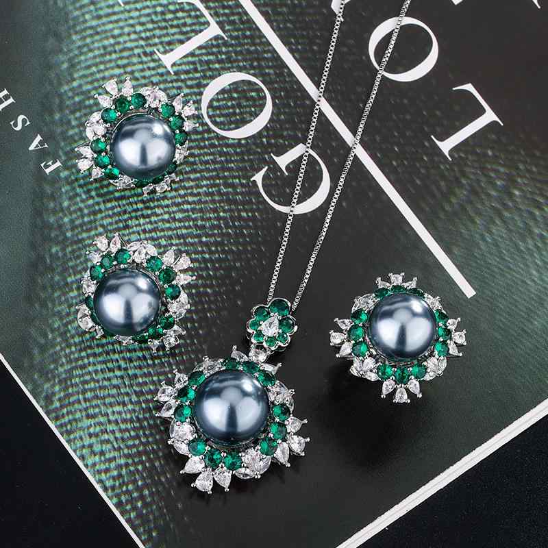 ジュエリーセット レディース エメラルドグリーン カラーストーン 宮廷風 アンティーク調 レトロ パール グレーパール フラワーモチーフ 華やか エレガント ボックスチェーン スタッドピアス リング ネックレス