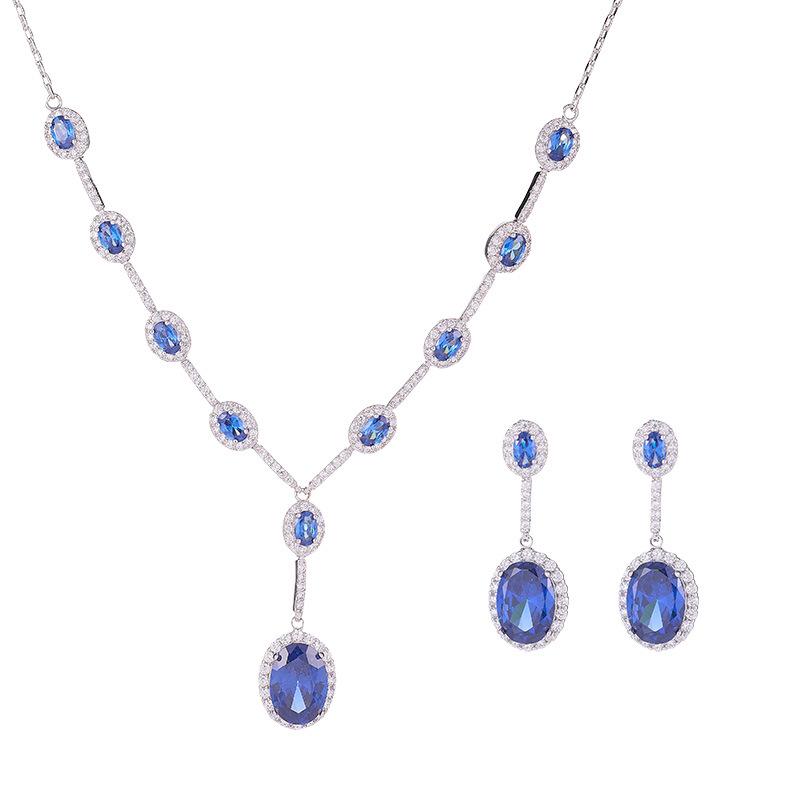 ジュエリーセット レディース 高級感 ライトラグジュアリー アクアマリン ジルコニア レトロ ヴィンテージ ピアス イヤリング ネックレス 鎖骨ネックレス 銅製 エレガント 華やか 上品 オーバル パーティー フォーマル 通勤