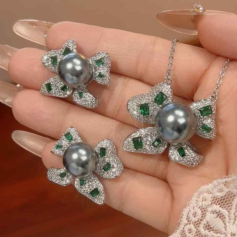 ネックレス イヤリング セット レディース 女性用 リボン モチーフ 銅製 金メッキ エメラルドグリーン ..