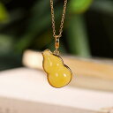 ネックレス レディース S925純銀製 ゴールドプレート 天然琥珀 蜜蝋 瓢箪モチーフ ペンダント レトロ アンティーク 個性的 上品 チェーン付き アクセサリー ジュエリー ギフト