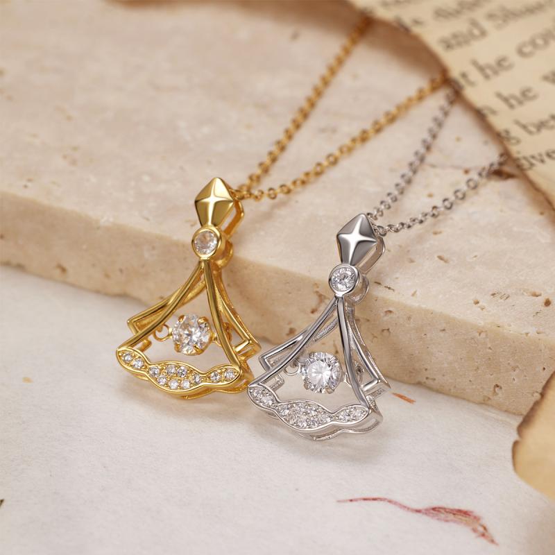 ネックレス レディース S925シルバー シンプル 揺れる スカートモチーフ ジルコニア装飾 O型チェーン レイヤード 鎖骨丈 軽量 ファッション オフィス デイリーユース 高級感 春夏 ゴールドカラー シルバーカラー