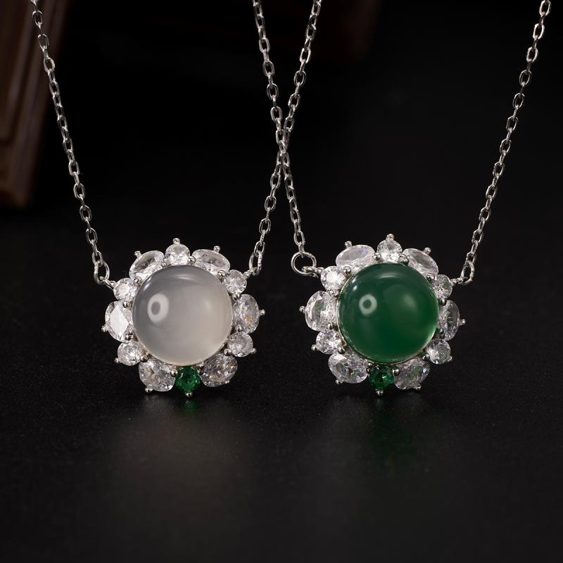 ネックレス レディース S925純銀 天然石 グリーンカルセドニー メノウ ひまわり フラワーモチーフ 欧米風 エレガント 上品 ファッション 鎖骨チェーン グリーン