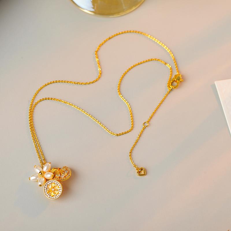 ネックレス レディース レモンフラワー パール ジルコニア ラインストーン 鎖骨タイプ 高級感 銅素材 ..