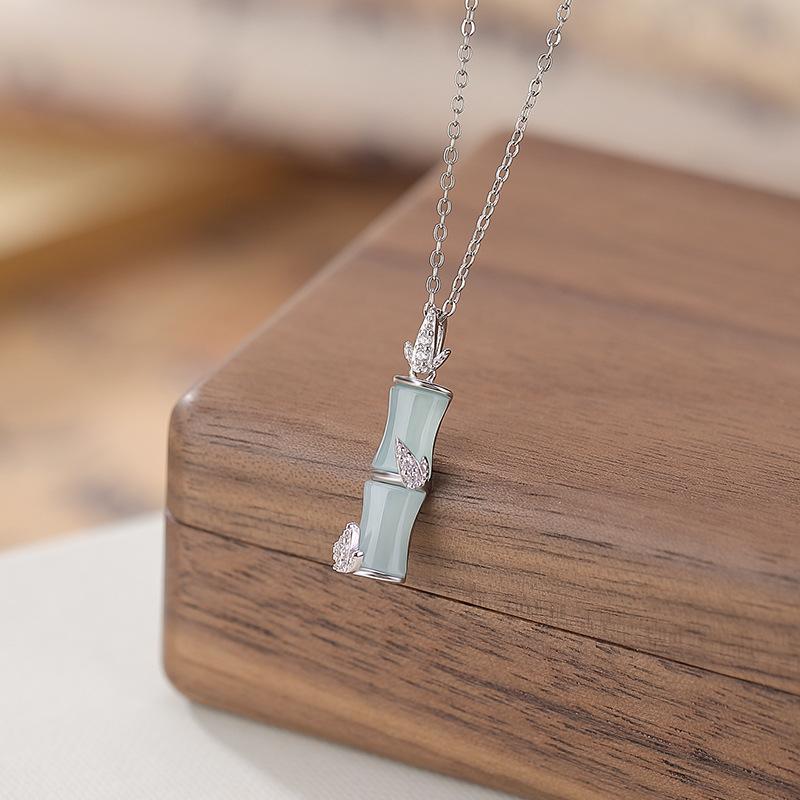 ネックレス レディース S925純銀 ブルー翡翠 新中華風 レトロ アンティーク 竹の節目 竹の葉モチーフ ペンダントトップ 上品 エレガント 普段使い オフィス カジュアル きれいめ フォーマル 万能 アクセサリー(4)