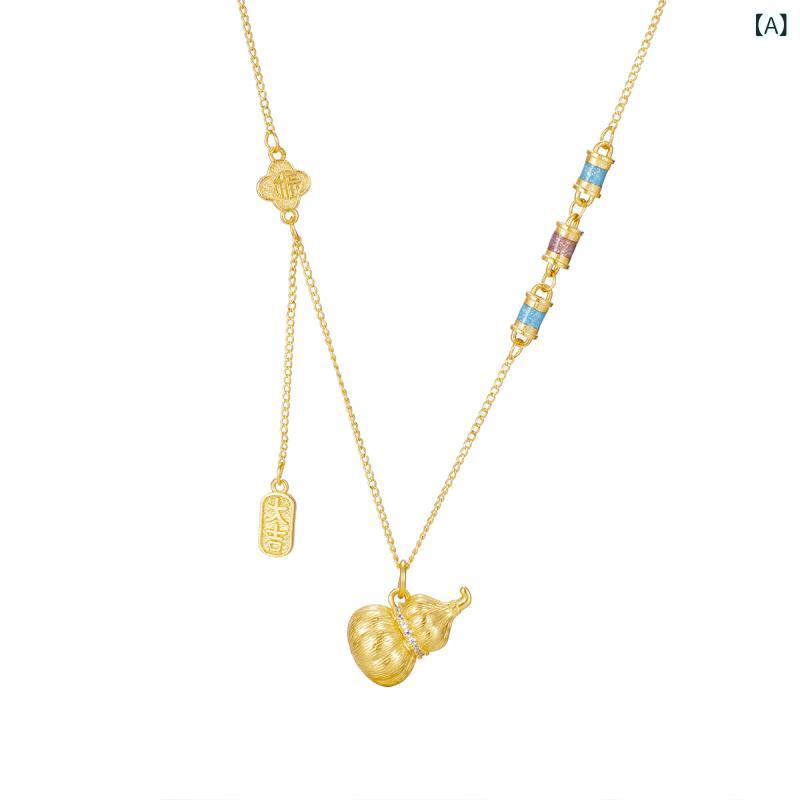 ネックレス レディース S925純銀 スターリングシルバー 瓢箪モチーフ 民族風 伝統工芸 古法線細工 焼き青 七宝風 タッセル 鎖骨丈 ショートネックレス 上品 普段使い 女性用ペンダント