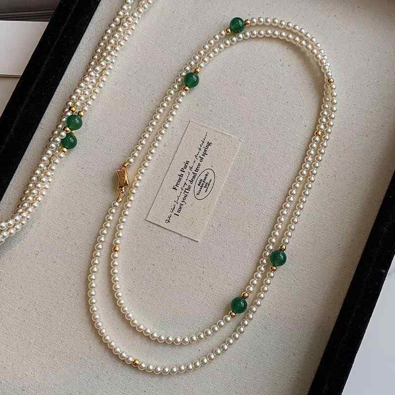 ネックレス レディース 金メッキ パール グリーンカルセドニー アゲート 幾何学デザイン レトロ アンティーク調 フレンチシック オリエンタルスタイル 上品 重ね付け(4)