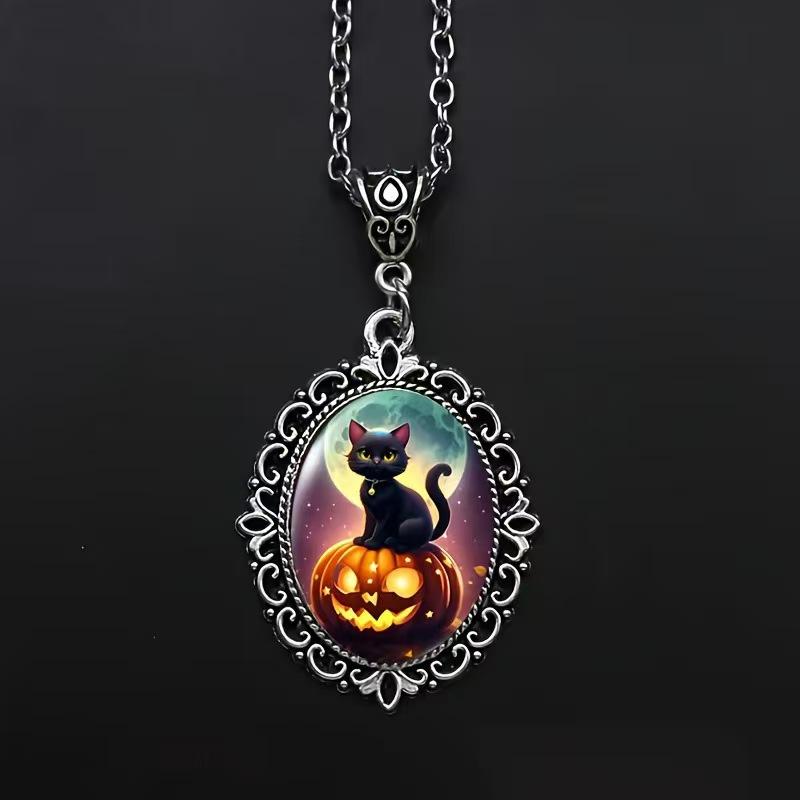 ネックレス ユニセックス ハロウィン 黒猫 カボチャ モチーフ 楕円形 ペンダント 亜鉛合金 シルバー 電..