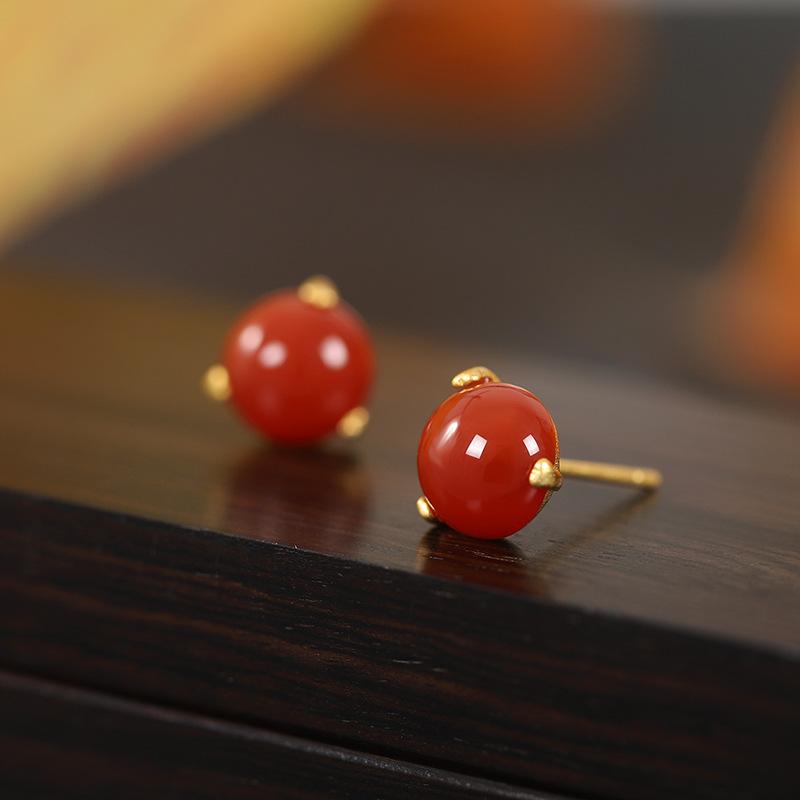 ピアス レディース 925純銀 金メッキ 南紅瑪瑙 天然石 レッド 丸型 シンプル 小ぶり エレガント 上品 高級感 中国風 普段使い オフィス