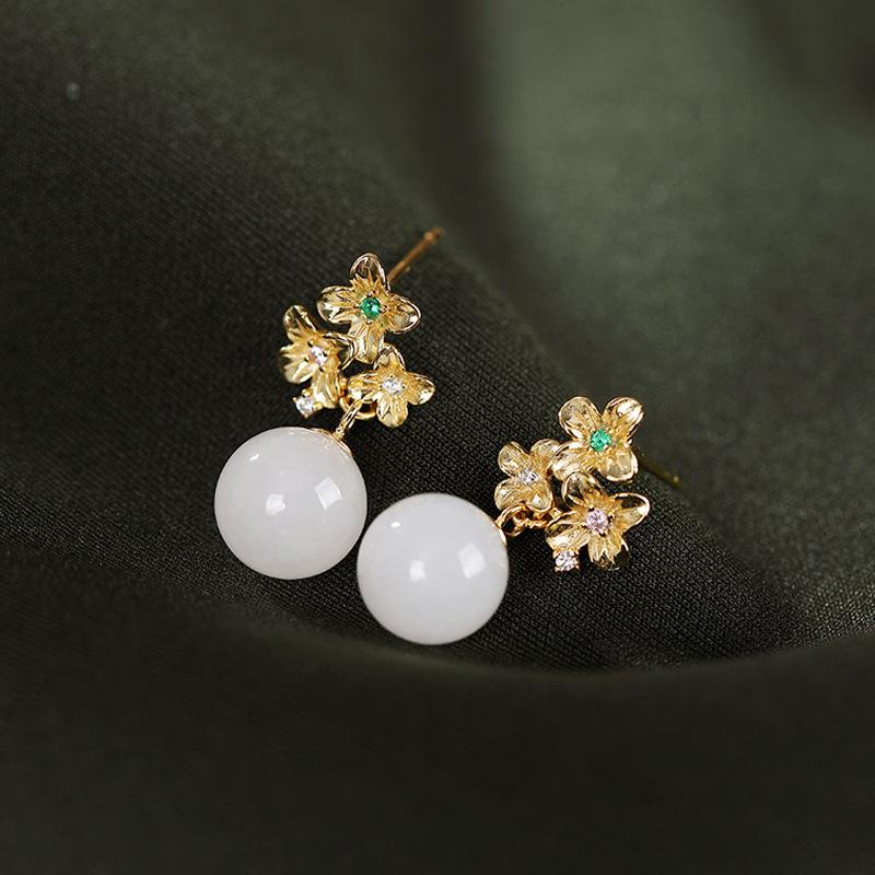 ピアス イヤリング レディース 女性用 S925シルバー ゴールドメッキ 和田白玉 天然石 ホワイト フラワ..
