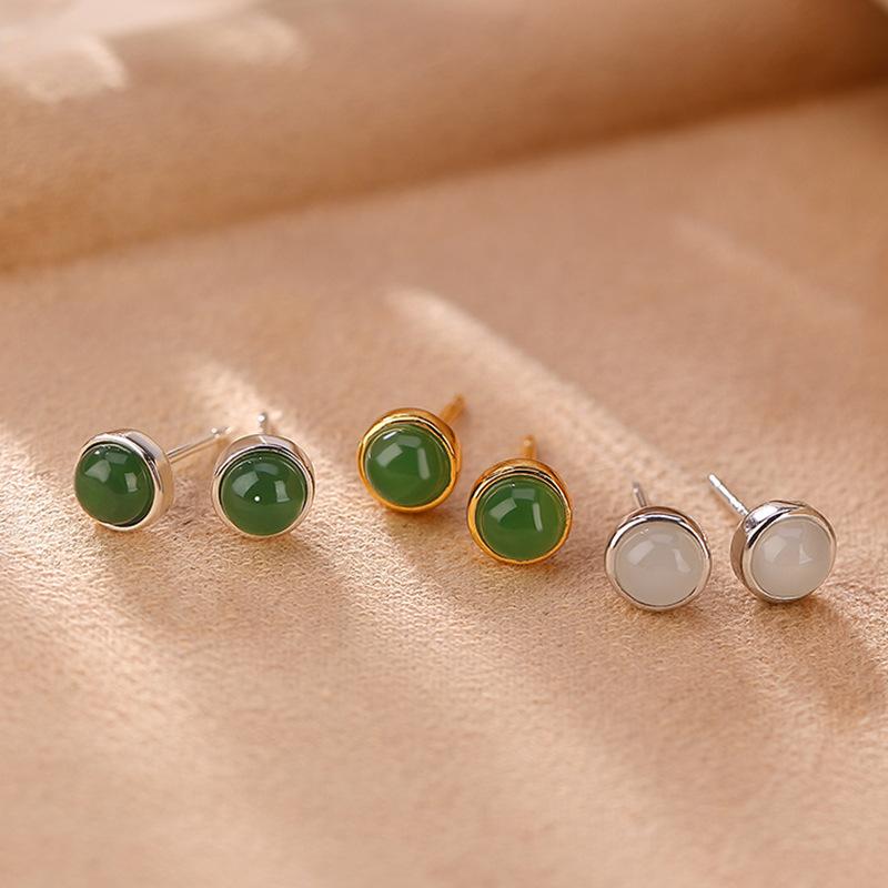 ピアス レディース 925シルバー ゴールドメッキ 和田玉 碧玉 白玉 シンプル 丸玉 ジオメトリック 上品 エレガント レトロ 万能 普段使い オフィス フォーマル