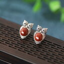 ピアス レディース S925純銀 スターリングシルバー フクロウモチーフ 南紅メノウ 宝石 カボションカット レトロ アンティーク 上品 エレガント シンプル おしゃれ 普段使い