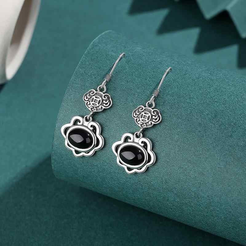 ピアス レディース S925純銀 シルバー ブラックオニキス 黒瑪瑙 和田玉 瑞雲 縁起物 レトロ ヴィンテージ 民族風 エスニック 宮廷風 中国風 チャイニーズテイスト アンティーク調 揺れる 上品 イヤリング アクセサリー 女性用
