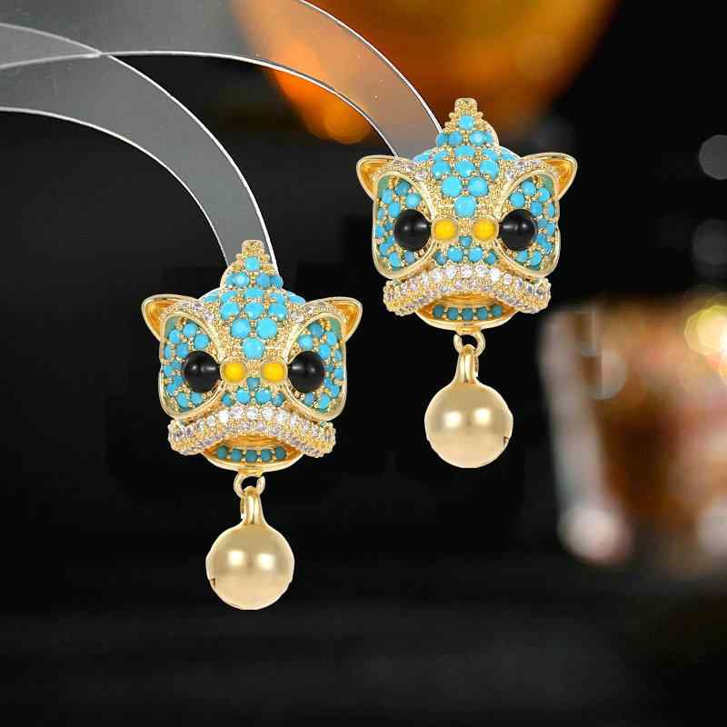 ピアス レディース 獅子舞 ライオンヘッド 鈴 ジルコニア 動物モチーフ 中国風 レトロ エスニック 民族..