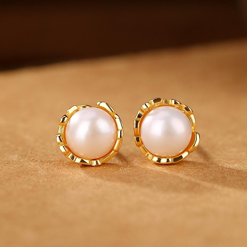 ピアス レディース S925純銀 金メッキ パール フラワー 花つぼみ 丸玉 小ぶり ミニ シンプル 上品 レトロ エレガント 普段使い オフィス カジュアル