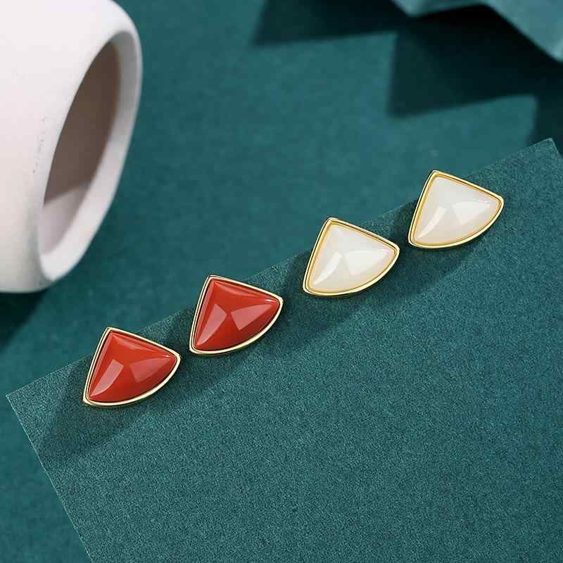 ピアス レディース S925 シルバー 金メッキ ゴールド 和田玉 南紅瑪瑙 宝石 ストーン 扇形 扇子モチーフ シンプル ミニマル 小ぶり 華奢 民族風 エスニック レトロ デイリー 普段使い