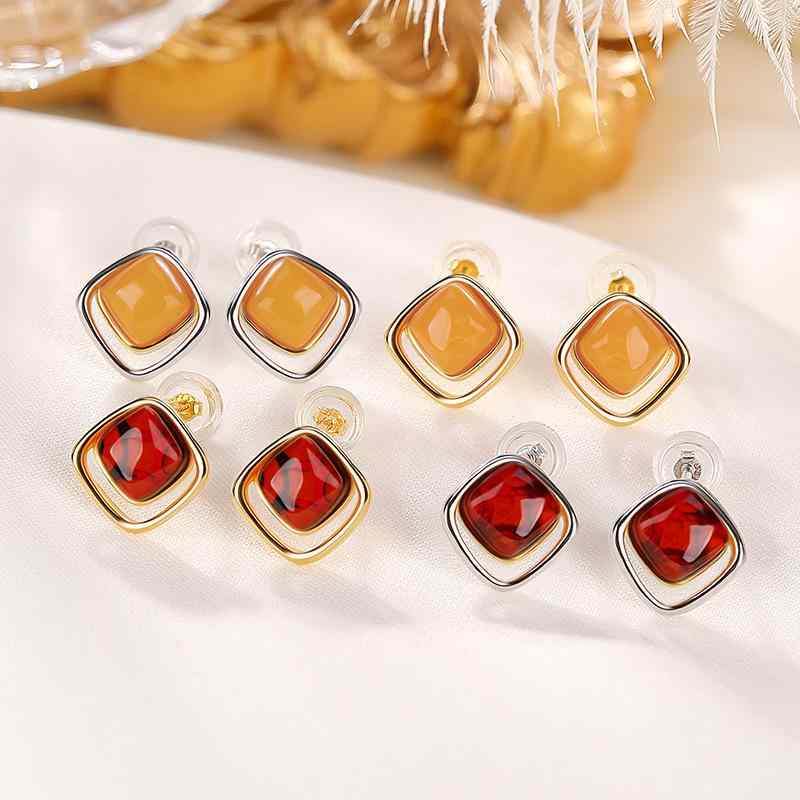 ピアス レディース S925シルバー ゴールドメッキ レッドアンバー レトロ シンプル デザイン ひし形 幾何学 スクエア スタッドピアス 耳飾り