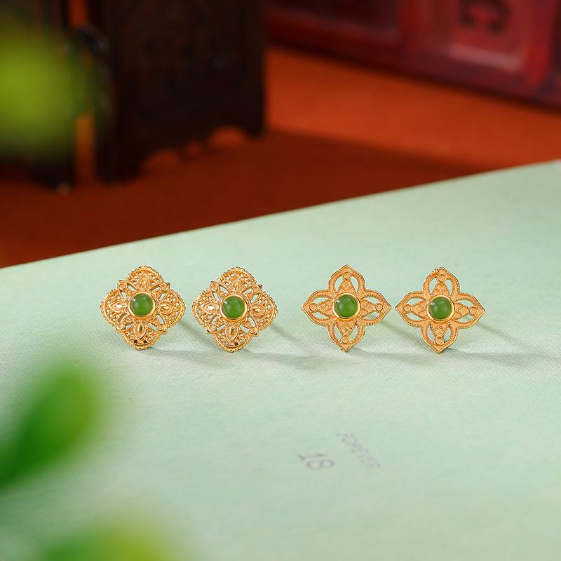 ピアス レディース シルバー925 金メッキ 和田碧玉 天然石 グリーン クローバーモチーフ 透かし彫り ひし形 スクエア レトロ アンティーク ヴィンテージ 上品 普段使い