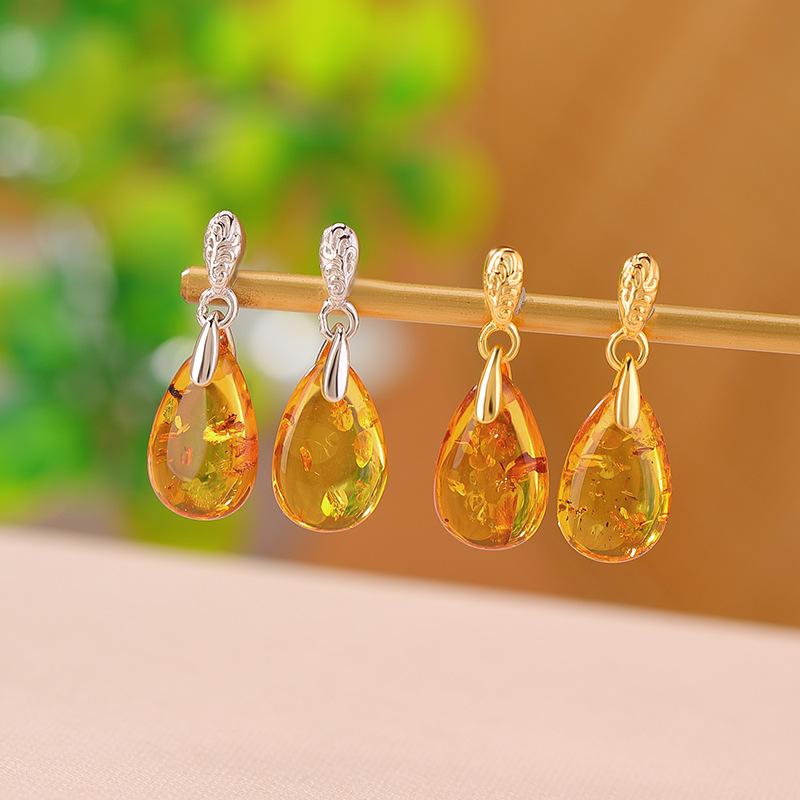 ピアス レディース S925純銀 金メッキ 琥珀 しずく型 レトロ エレガント ライトラグジュアリー デザイン性 カジュアル フォーマル 普段使い