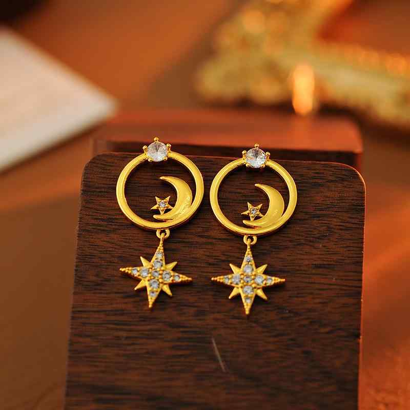 ピアス レディース 星 月 ジルコニア 揺れる スタッド 個性的 幾何学模様 高級感 上品 エレガント 通勤 オフィス 普段使い ゴールド 銅製 アクセサリー