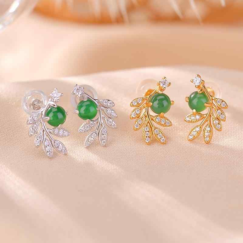 ピアス レディース S925 スターリングシルバー 金メッキ 翡翠 レトロ 上品 エレガント リーフモチーフ ラウンドビーズ スタッドピアス ゴールド シルバー 高級感