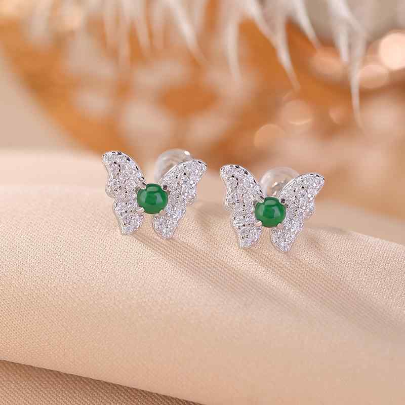 ピアス レディース 女性用 S925シルバー 翡翠 蝶モチーフ 丸玉 ラウンド 煌めく 輝く エレガント レトロ アンティーク ファッション ライトラグジュアリー 万能 普段使い デイリーユース