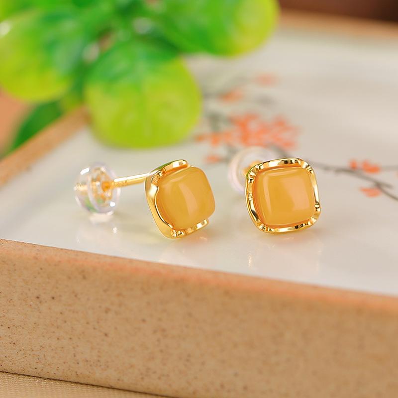 ピアス レディース S925純銀 金メッキ 琥珀 宝石 レトロ ヴィンテージ 軽やか 上品 高見え 幾何学 スクエア 四角 菱形 ツイストデザイン