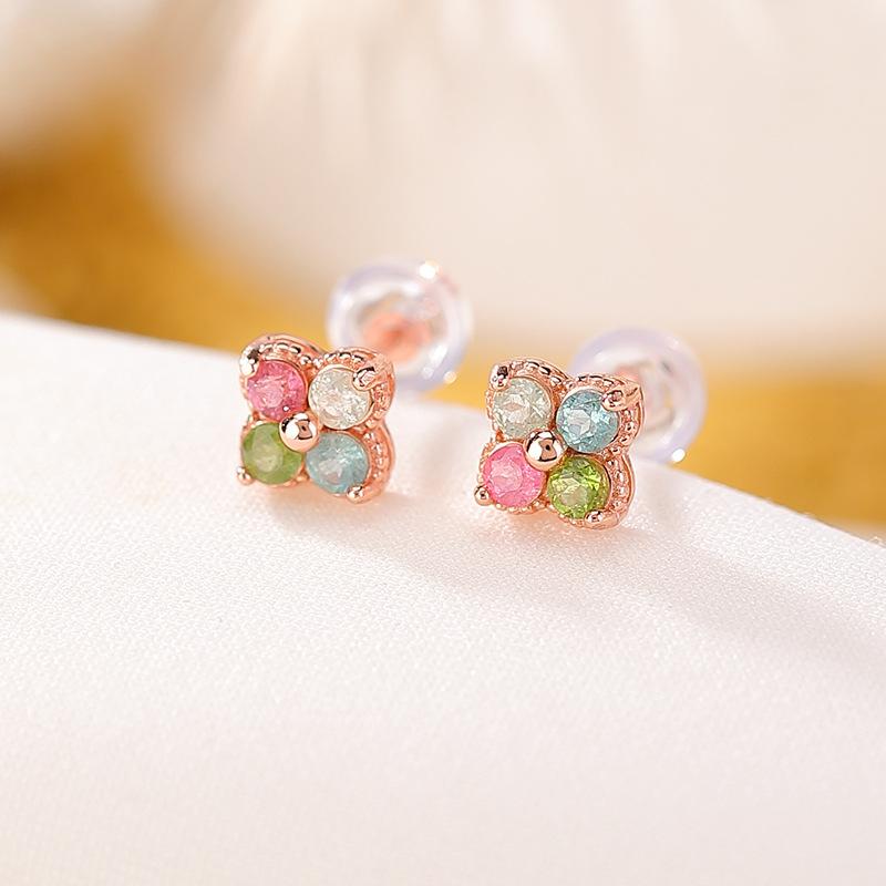 ピアス レディース 女性用 S925 スターリングシルバー ローズゴールドメッキ トルマリン 天然石 丸玉 ラウンド 四つ葉 クローバーモチーフ 清楚 上品 繊細 エレガント 普段使い デイリーユース カジュアル レトロ クラシック