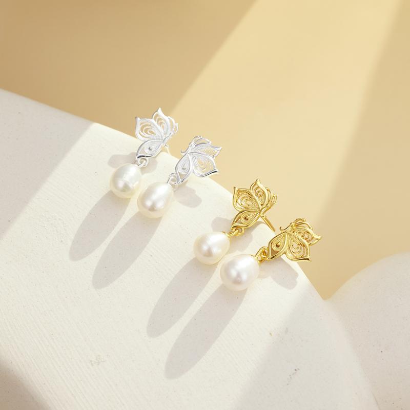 ピアス レディース 女性用 S925純銀 スターリングシルバー 天然パール パール 蝶々 バタフライ モチーフ 対称形 新中式 モダン 中国風 上品 エレガント ファッション 通勤 普段使い