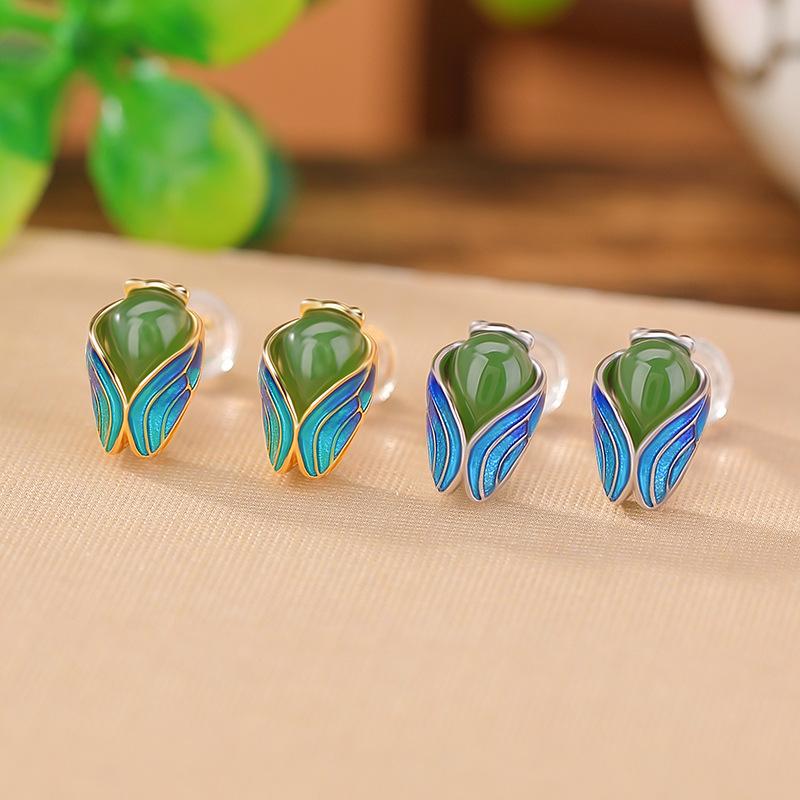 ピアス レディース S925純銀 ゴールドコーティング 和田碧玉 エナメル 金蝉 モチーフ レトロ 中国風 ス..