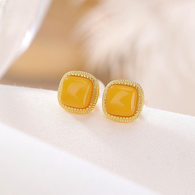 ピアス レディース S925スターリングシルバー 金メッキ 琥珀 アンバー スクエア 四角 幾何学模様 レトロ アンティーク 上品 エレガント 繊細 スタッドピアス フォーマル 普段使い