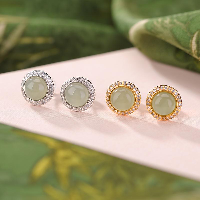 ピアス レディース 女性用 S925純銀 和田玉 晴水 金メッキ シルバー 円形 幾何学 玉石象嵌 上品 華奢 エレガント シンプル レトロ クラシカル