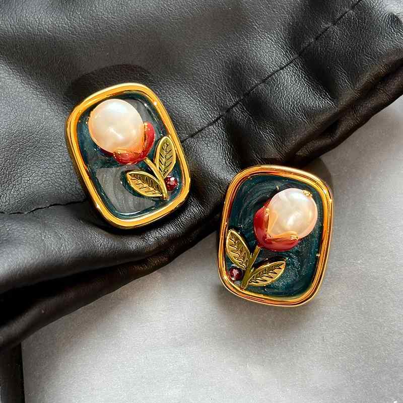 ピアス イヤリング レディース 女性用 中華モダン 油絵デザイン ブルー ヴィンテージ レトロ バロック..