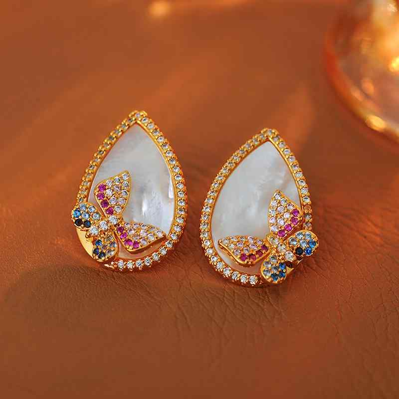 ピアス レディース 韓国風 天然白蝶貝 ドロップ バタフライ マイクロセッティング ライトラグジュアリー 個性派デザイン 高級感