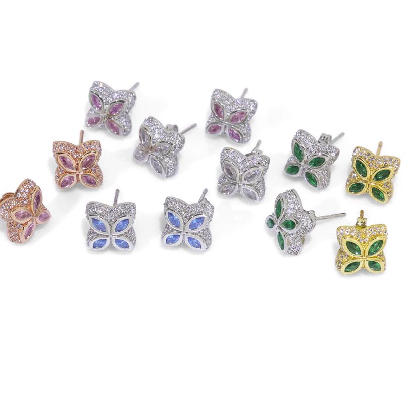 ピアス レディース 女性用 ヒップホップ 欧米風 ストリート 四葉 クローバー パヴェ ジルコニア カラーストーン ゴールド シルバー ローズゴールド シンプル エレガント