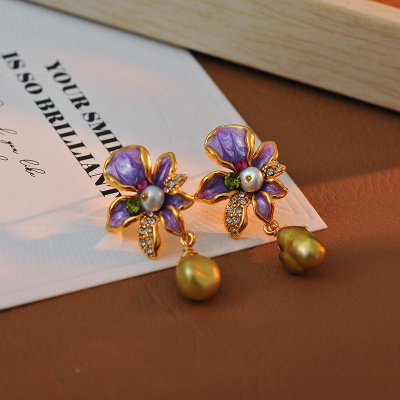 ピアス レディース フレンチレトロ エナメル グラデーション 油絵風 フラワー 天然パール 銅合金製 電気メッキ加工 宮廷風 上品 エレガント おしゃれ スタッドピアス フォーマル 普段使い