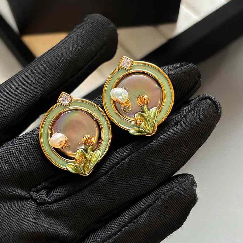 イヤリング ピアス レディース 女性用 フレンチレトロ 油絵風 文芸風 パール パール フラワーモチーフ ..