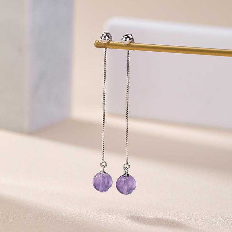 ピアス レディース 女性用 S925純銀 スターリングシルバー 天然水晶 アメジスト 丸玉 幾何学模様 ロング ドロップ 揺れる シンプル 上品 カジュアル デイリー パープル 紫